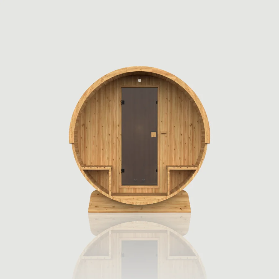 Sauna Barrel 210 — Sauna d'extérieur Hekla Barrel 210 Scandi, vue arrière avec panneau arrière en bois